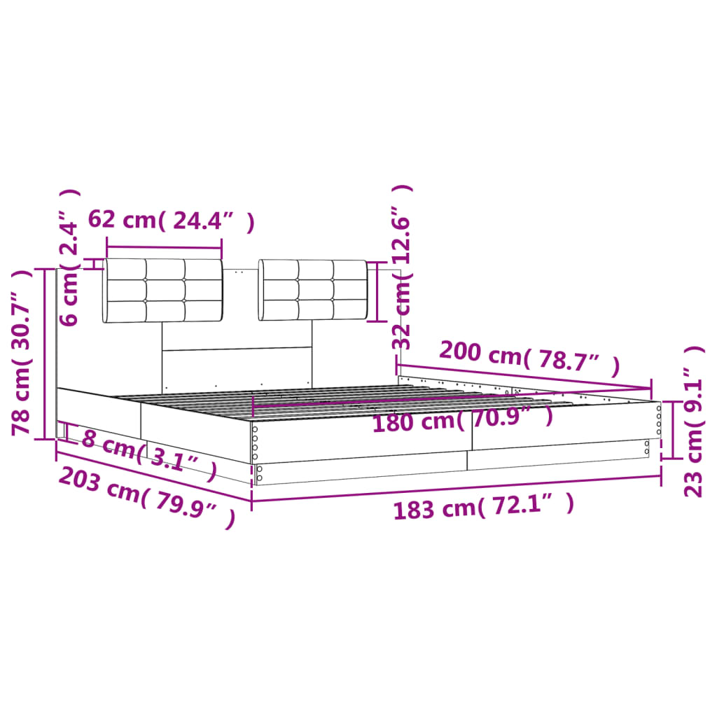 vidaXL sengeramme med sengegavl og LED-lys 180x200 cm sonoma-eg