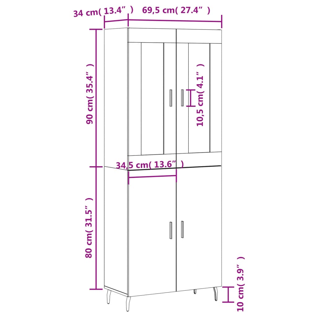 vidaXL højskab 69,5x34x180 cm konstrueret træ sort