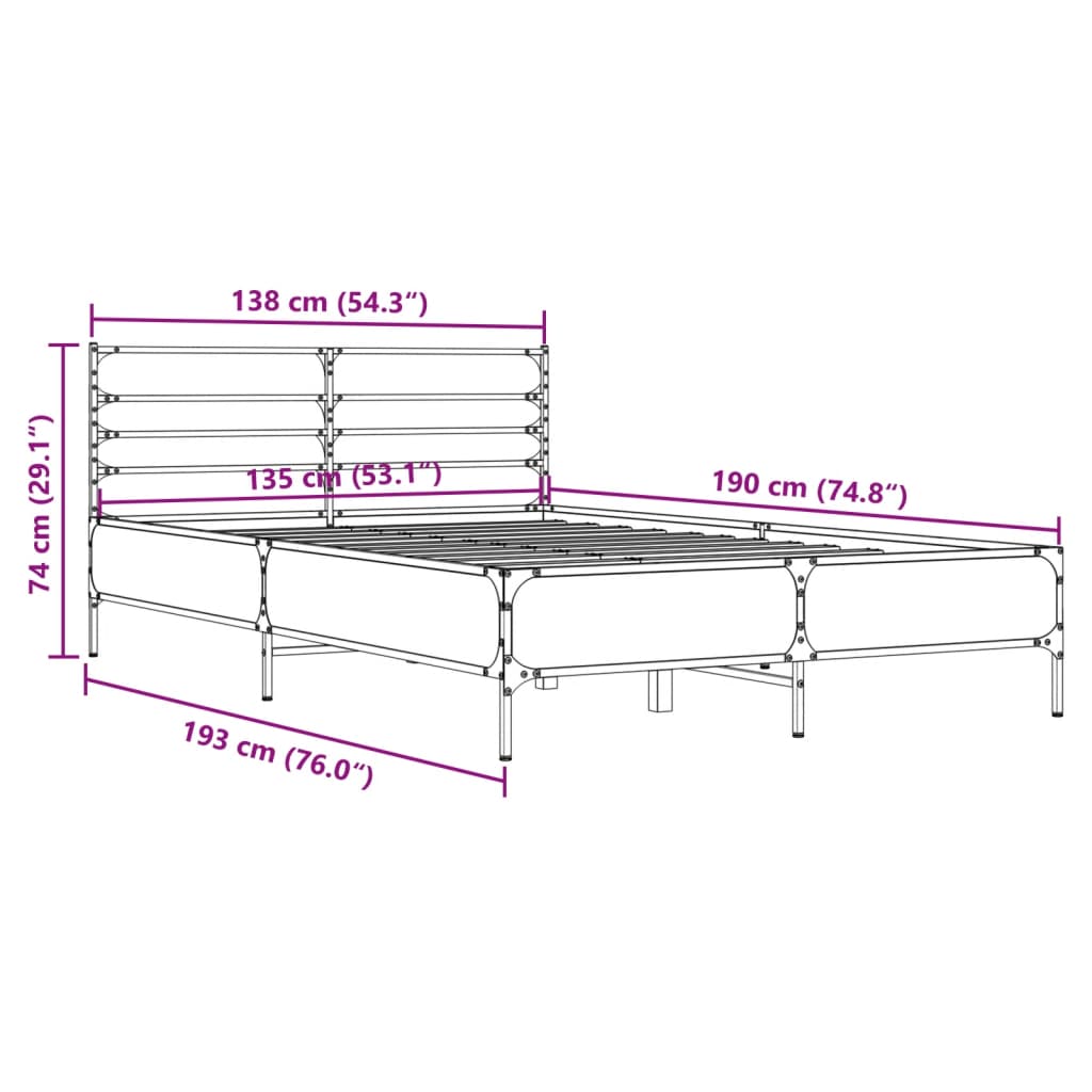 vidaXL sengestel 135x190 cm konstrueret træ og metal sonoma-eg