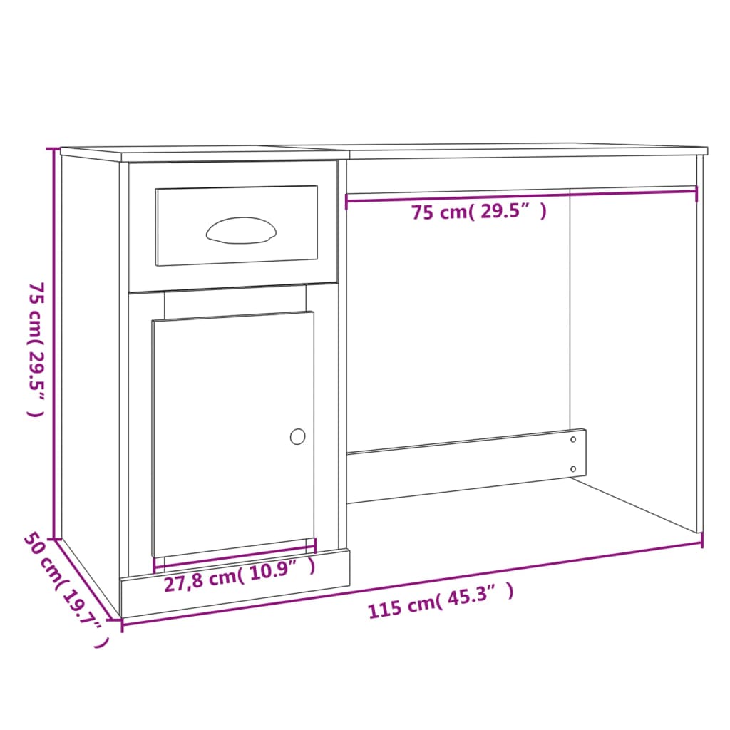 vidaXL skrivebord med skuffer 115x50x75 cm konstrueret træ brunt eg