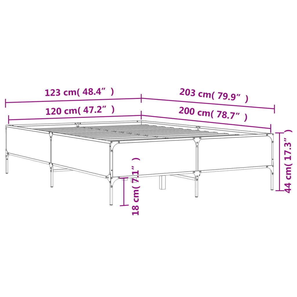 vidaXL sengestel 120x200 cm konstrueret træ og metal grå sonoma-eg