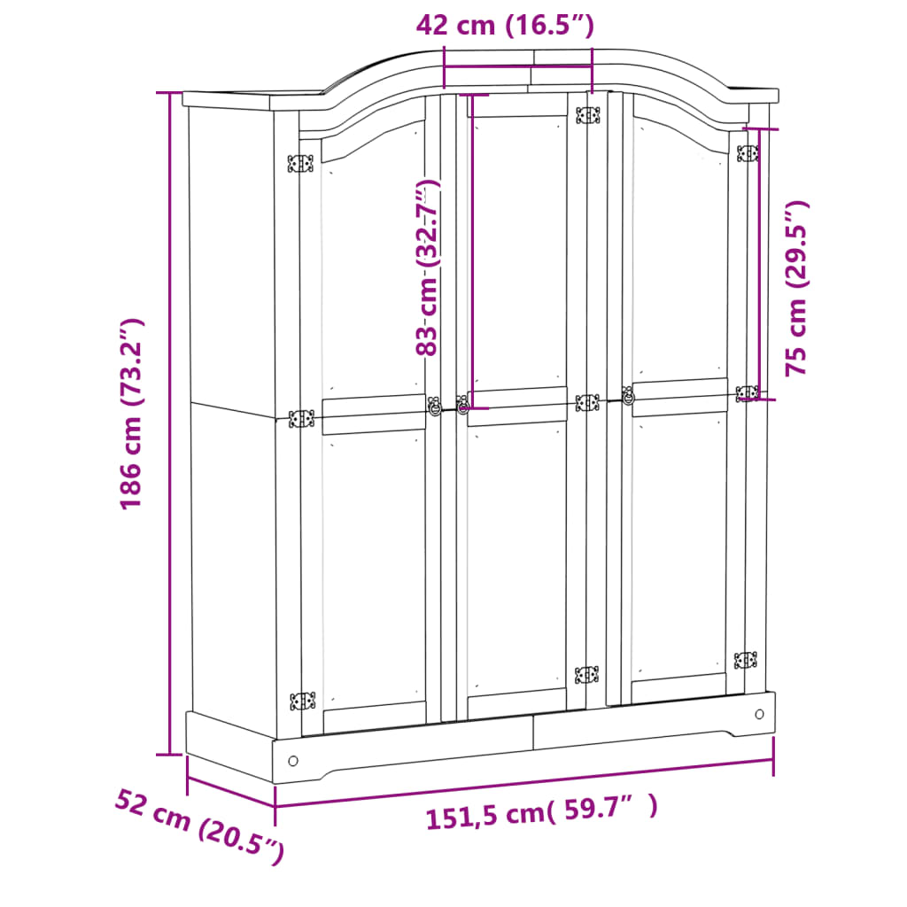 vidaXL klædeskab Corona 151,5x52x186 cm massivt fyrretræ