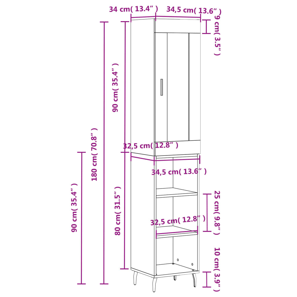 vidaXL skab 34,5x34x180 cm konstrueret træ hvid højglans