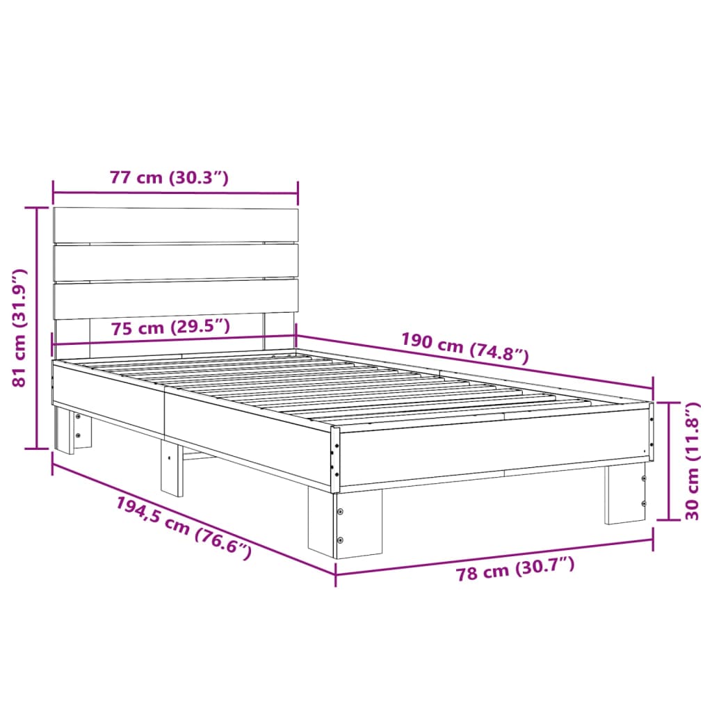 vidaXL sengeramme 75x190 cm konstrueret træ og metal brun egetræsfarve