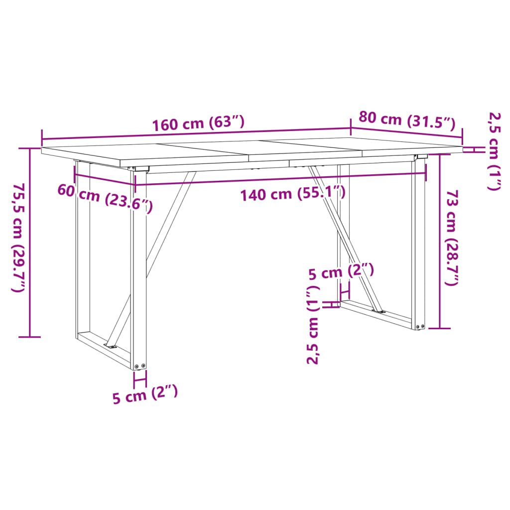 vidaXL spisebord 160x80x75,5 cm O-stel massivt fyrretræ og støbejern