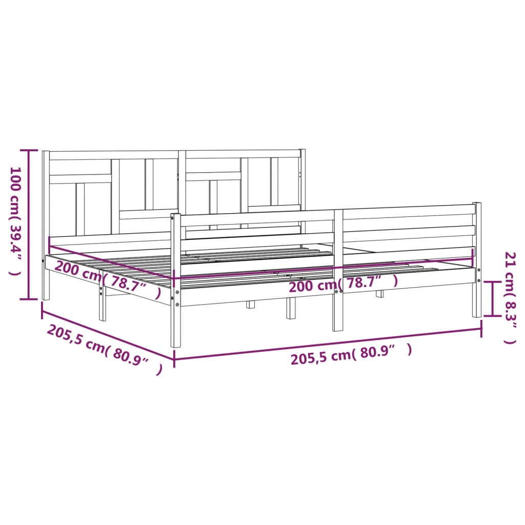 vidaXL sengeramme med sengegavl 200x200 cm massivt træ grå