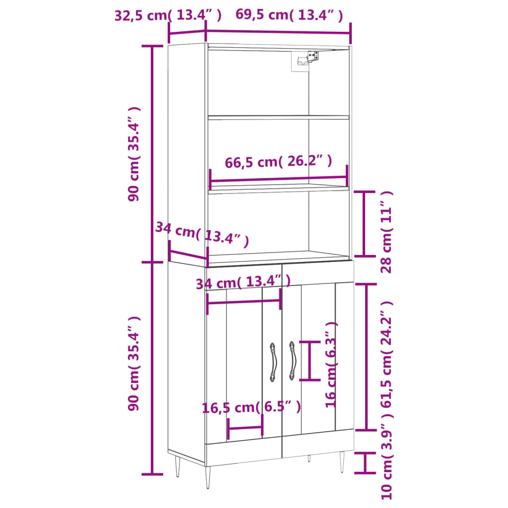 vidaXL højskab 69,5x34x180 cm konstrueret træ brun egetræsfarve