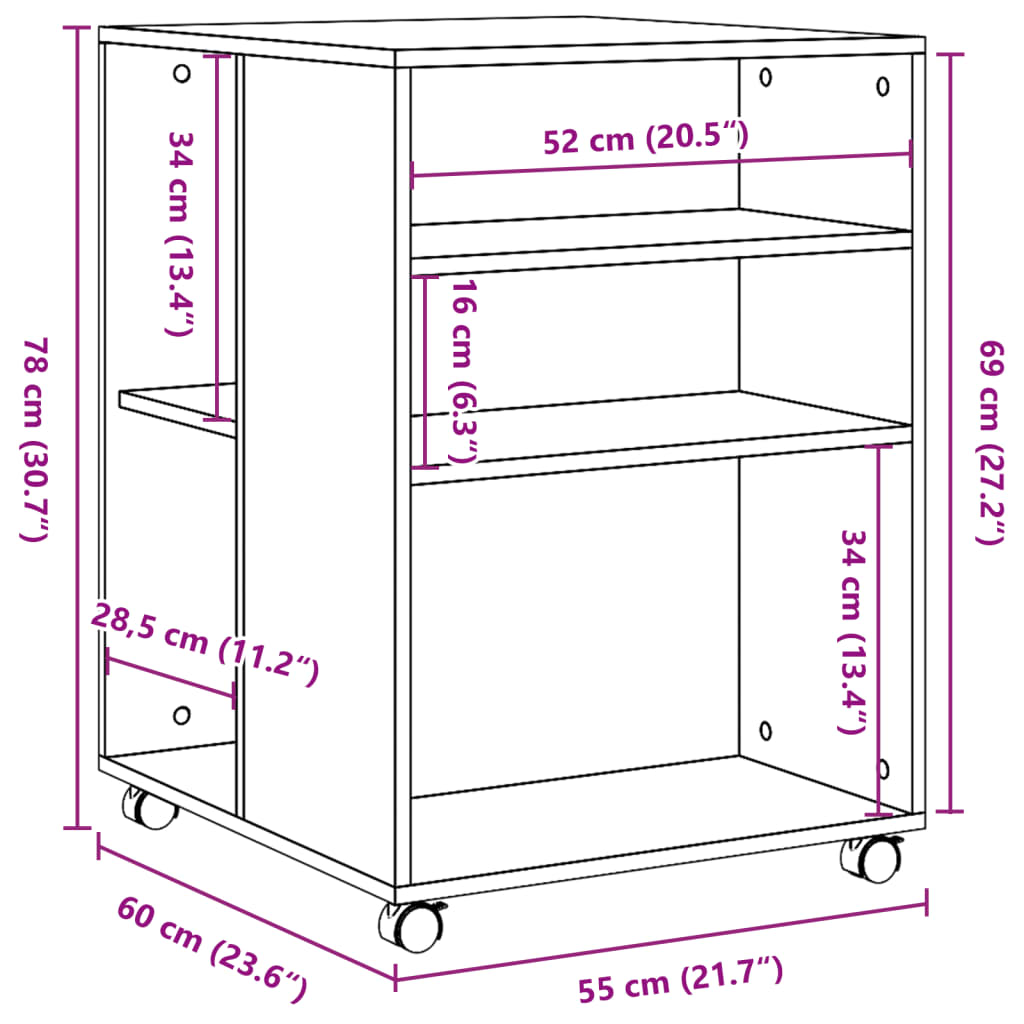 vidaXL sidebord med hjul 55x60x78 cm konstrueret træ brunt egetræ