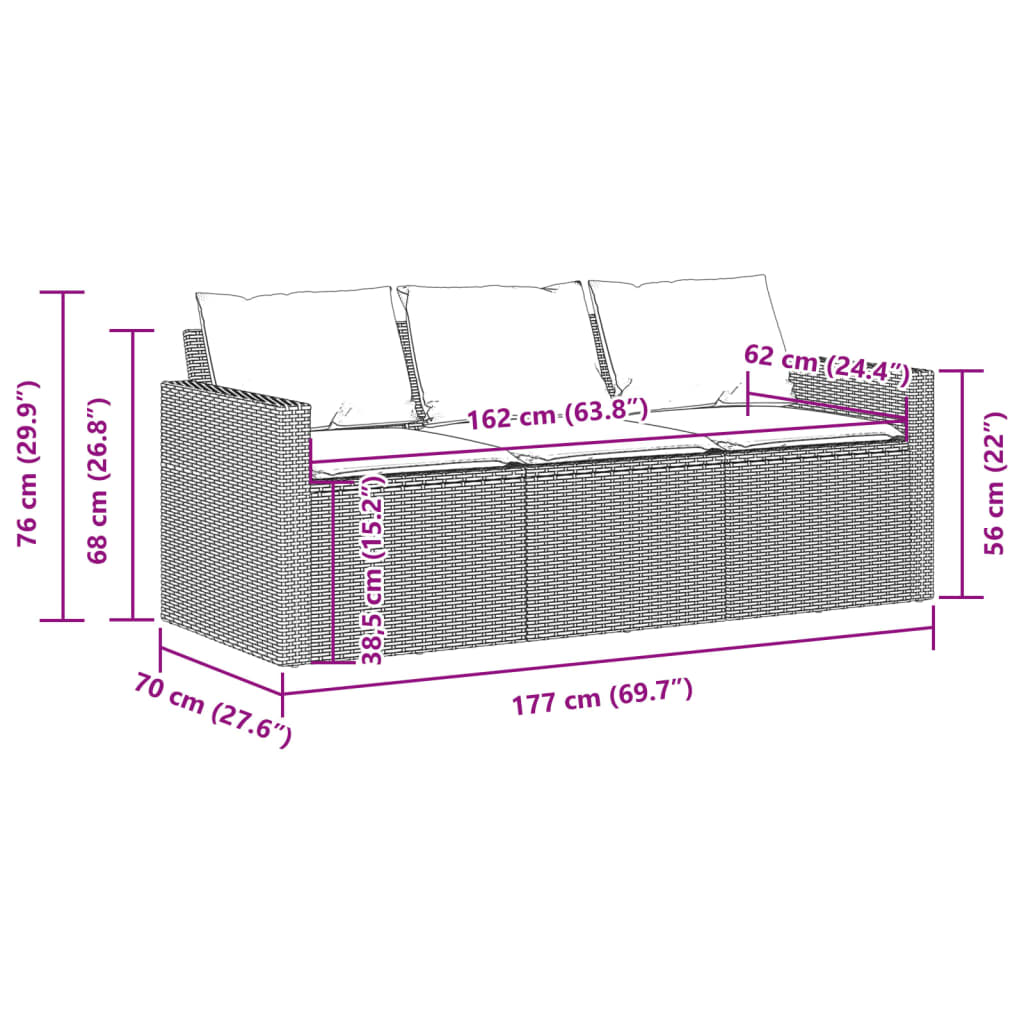 vidaXL 3-personers havesofa med hynder polyrattan sort