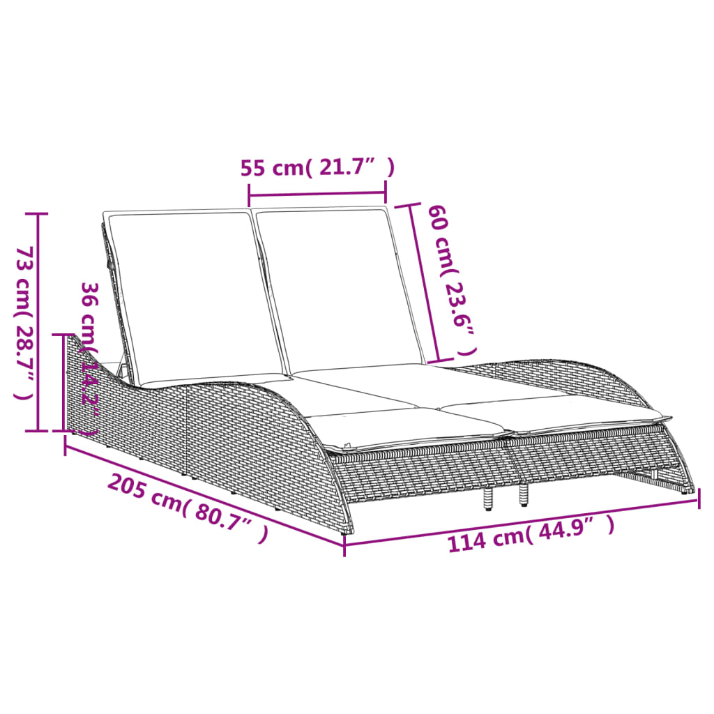 vidaXL liggestol med hynder 114x205x73 cm polyrattan sort