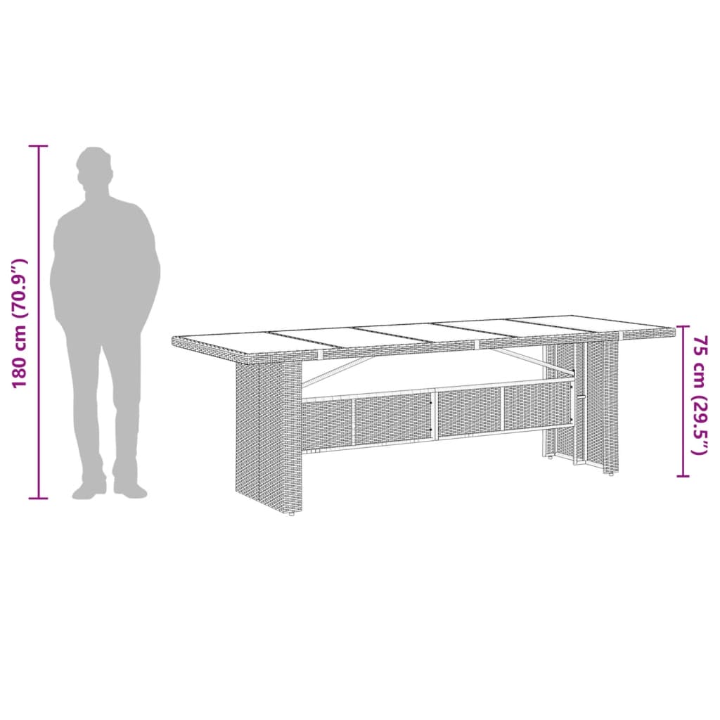 vidaXL havebord med glastop 240x90x75 cm polyrattan sort