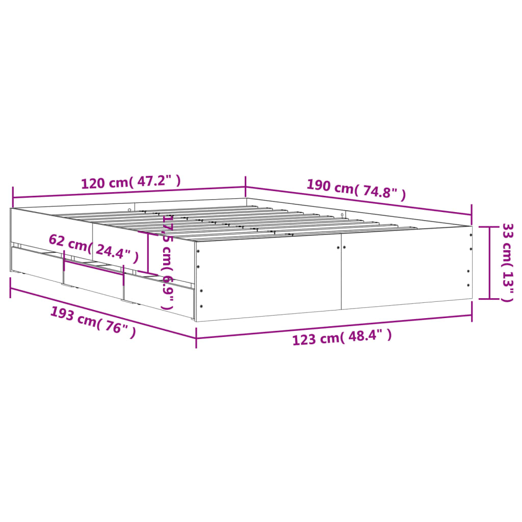 vidaXL sengeramme med skuffer 120x190 cm konstrueret træ grå sonoma-eg