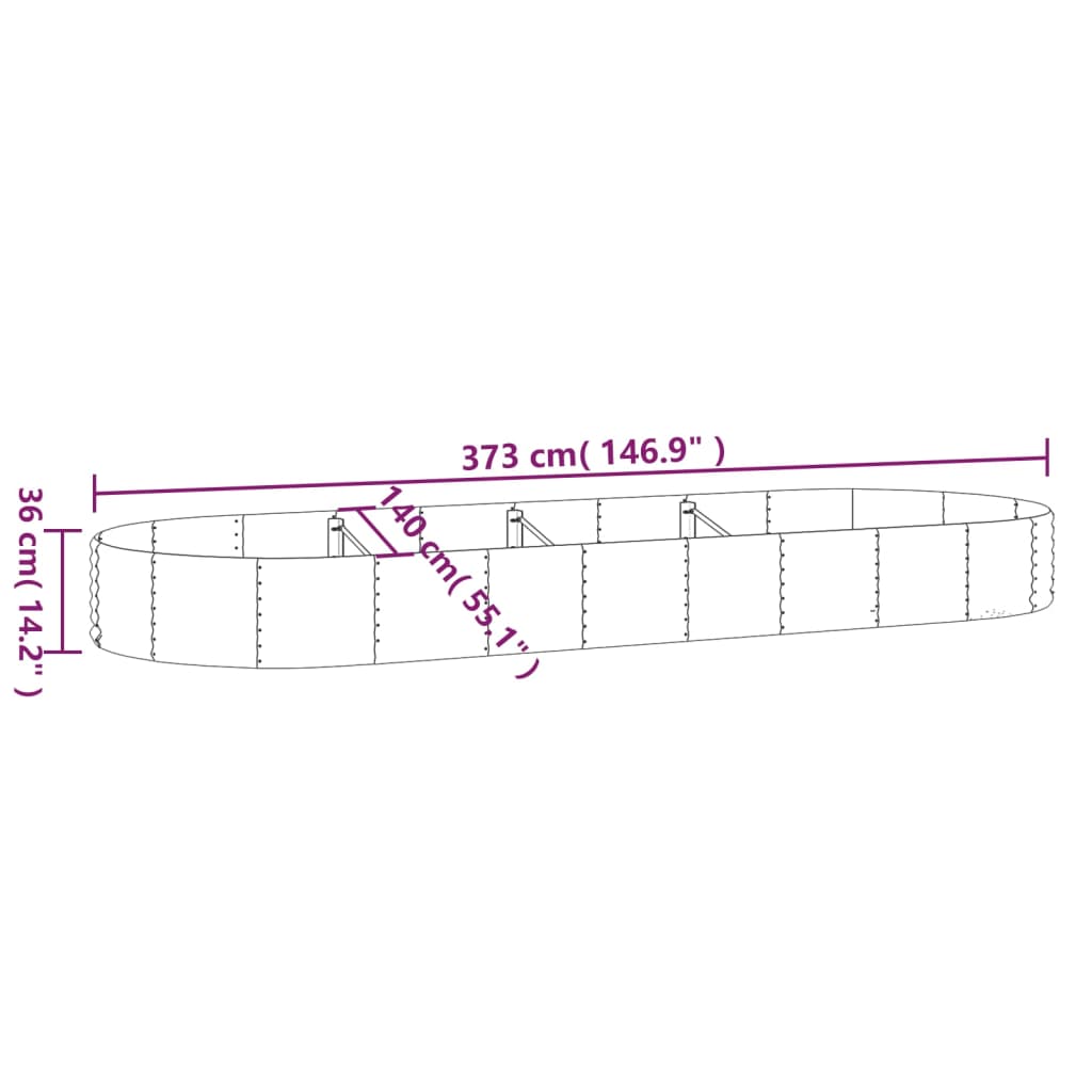 vidaXL plantekasse 373x140x36 cm pulverlakeret stål sølvfarvet