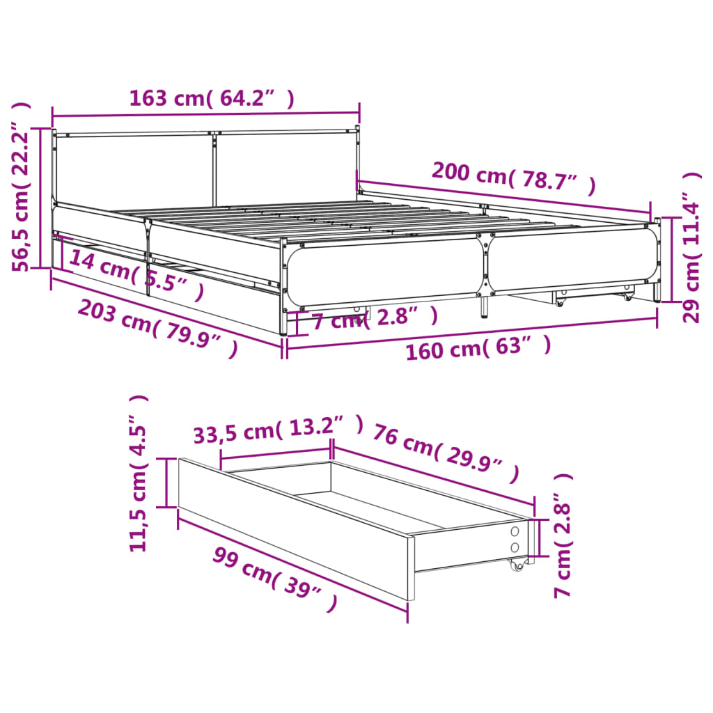 vidaXL sengeramme med skuffer 160x200 cm konstrueret træ sort