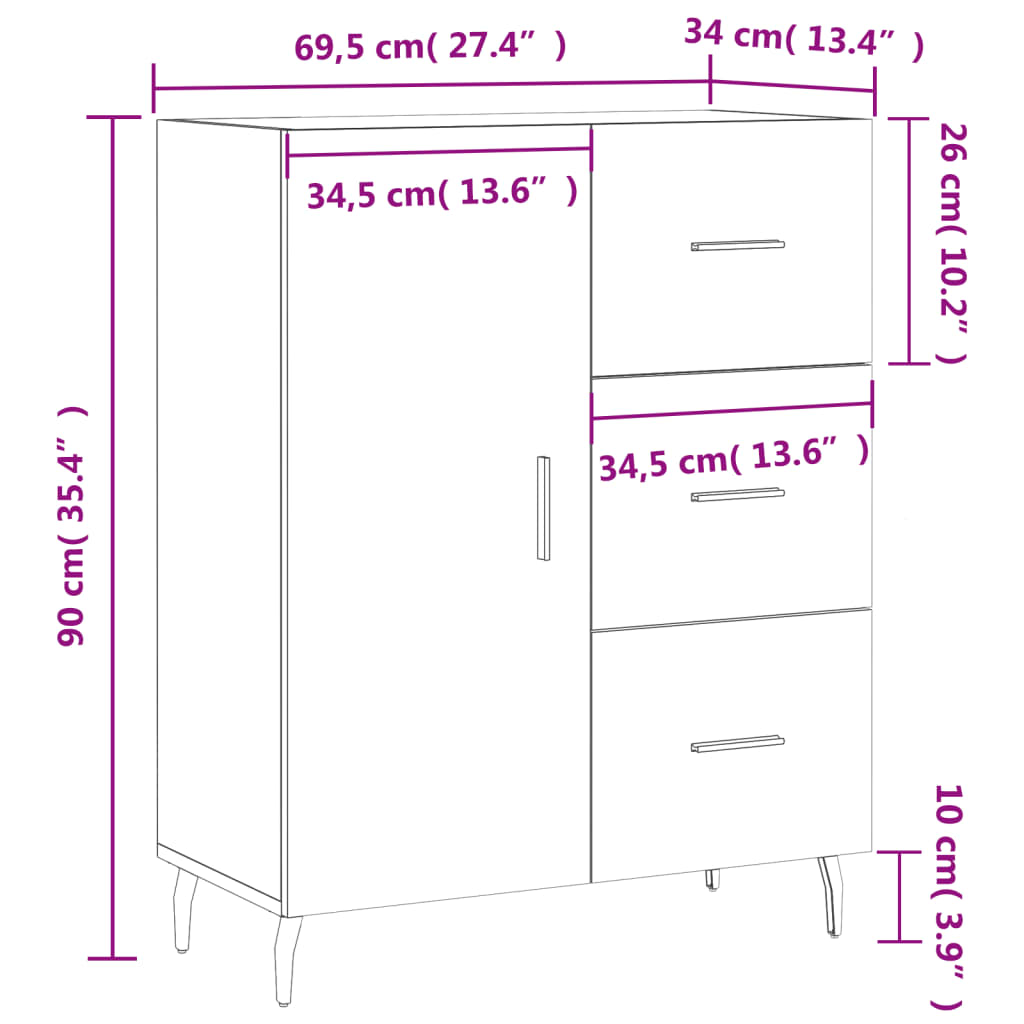 vidaXL skænk 69,5x34x90 cm konstrueret træ brun egetræsfarve