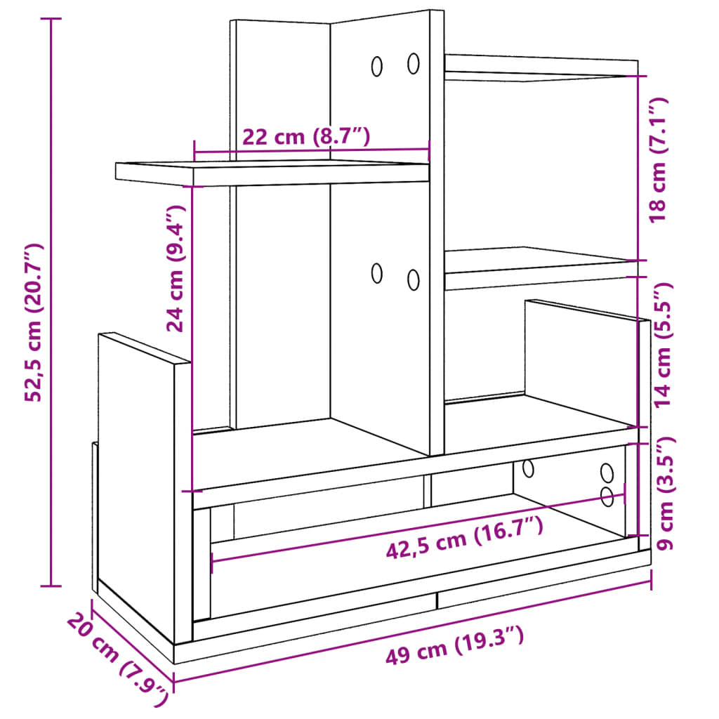 vidaXL hylde til skrivebord 49x20x52,5 cm konstrueret træ røget eg