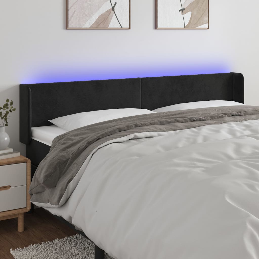 vidaXL sengegavl med LED-lys 203x16x78/88 cm fløjl sort