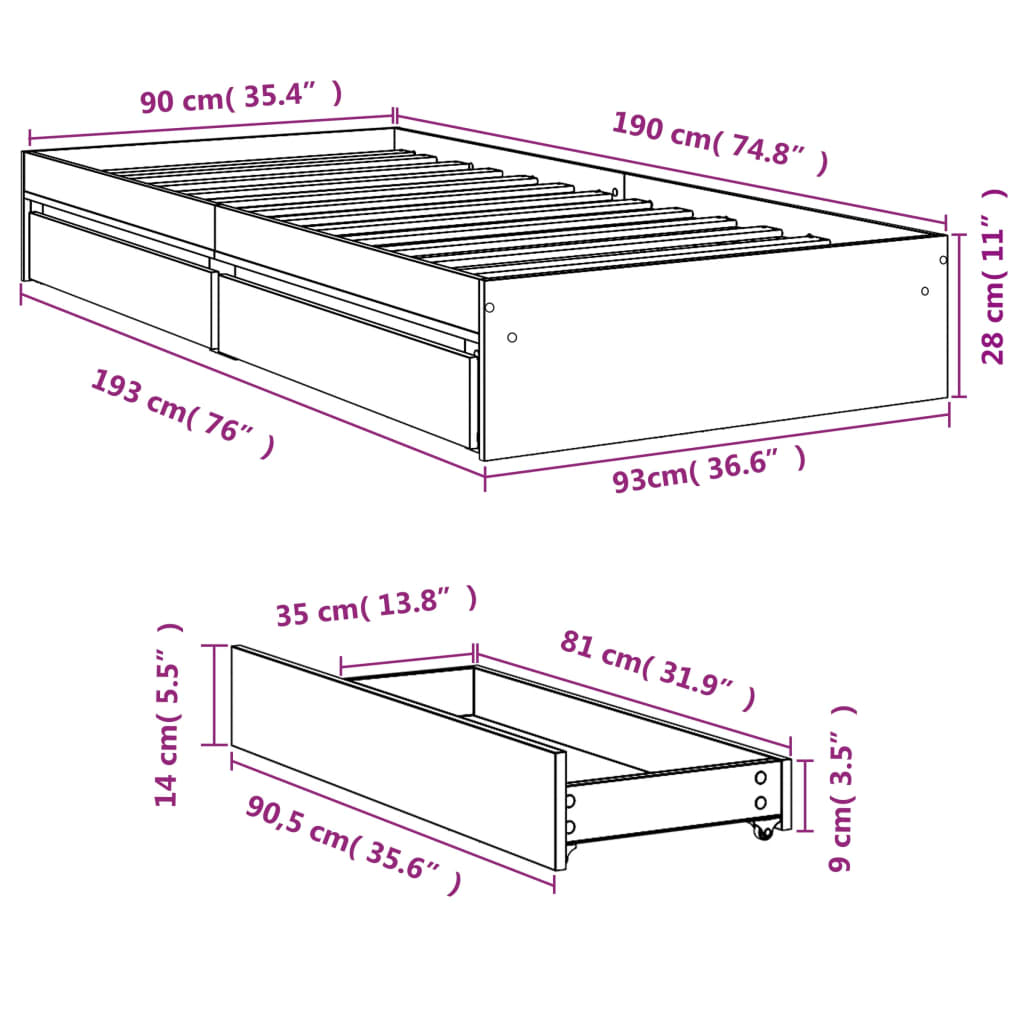 vidaXL sengeramme med skuffer 90x190 cm konstrueret træ røget eg