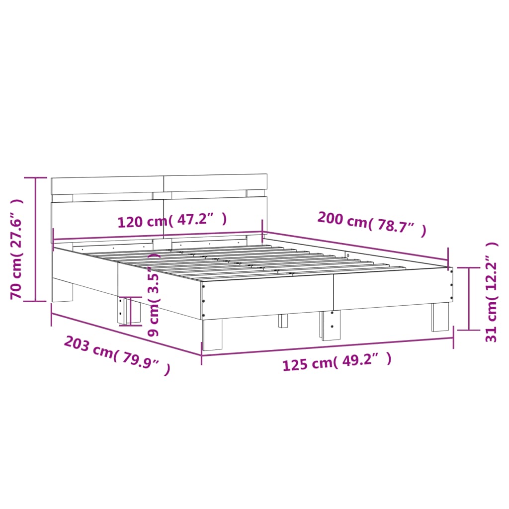 vidaXL sengeramme med sengegavl og LED-lys 120x200 cm sonoma-eg