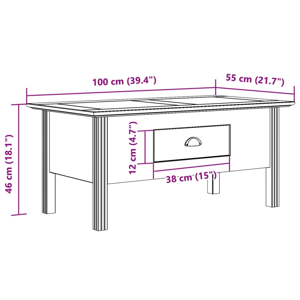 vidaXL sofabord BODO 100x55x46 cm massivt fyrretræ grå