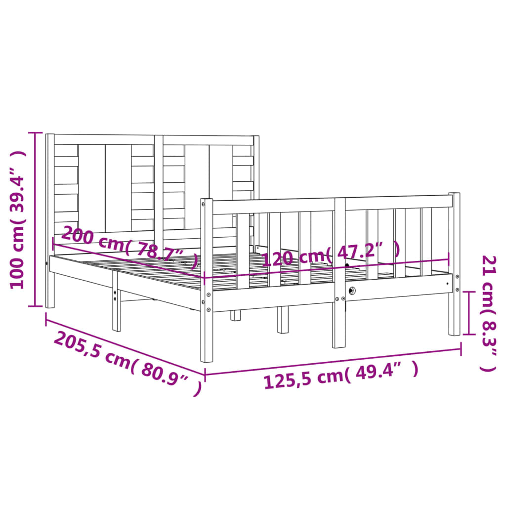 vidaXL sengeramme med sengegavl 120x200 cm massivt træ sort