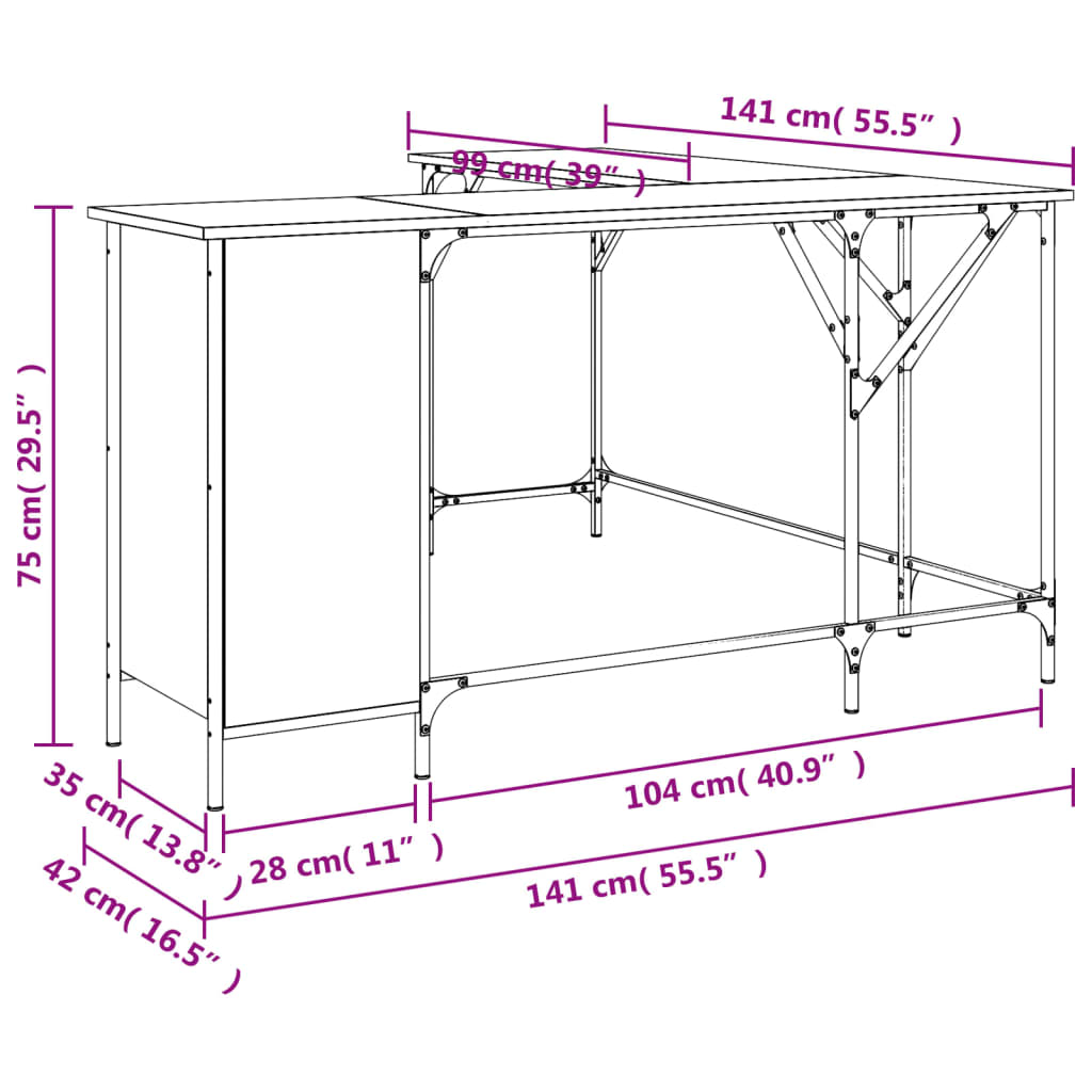 vidaXL skrivebord 141x141x75 cm konstrueret træ brun egetræsfarve