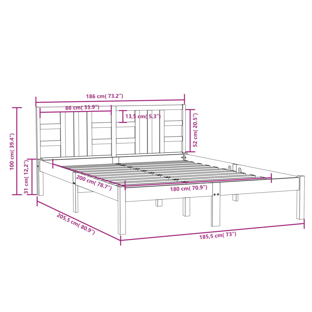 vidaXL sengestel 180x200 cm Super King massivt fyrretræ sort