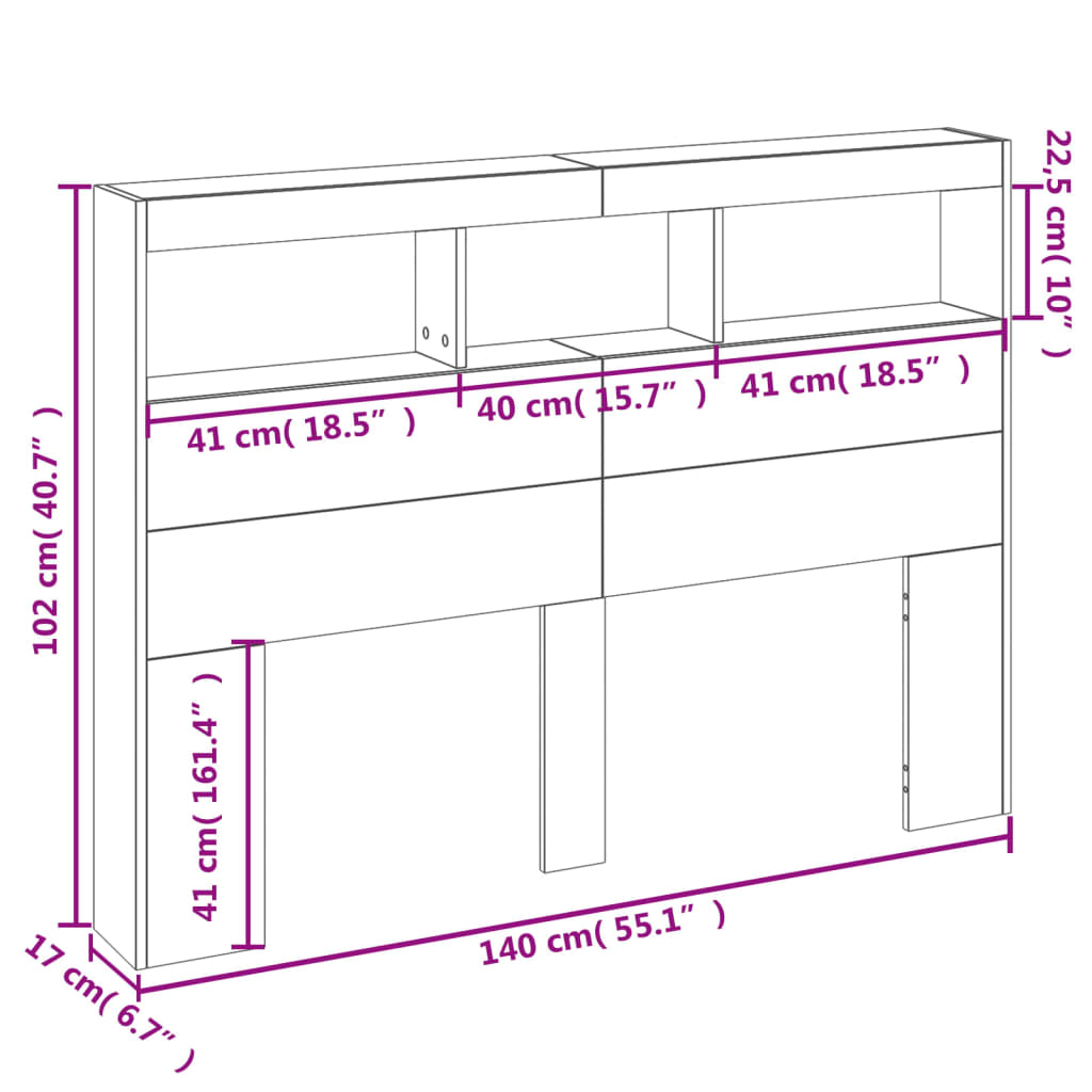 vidaXL sengegavl med opbevaring og LED-lys 140x17x102 cm sonoma-eg