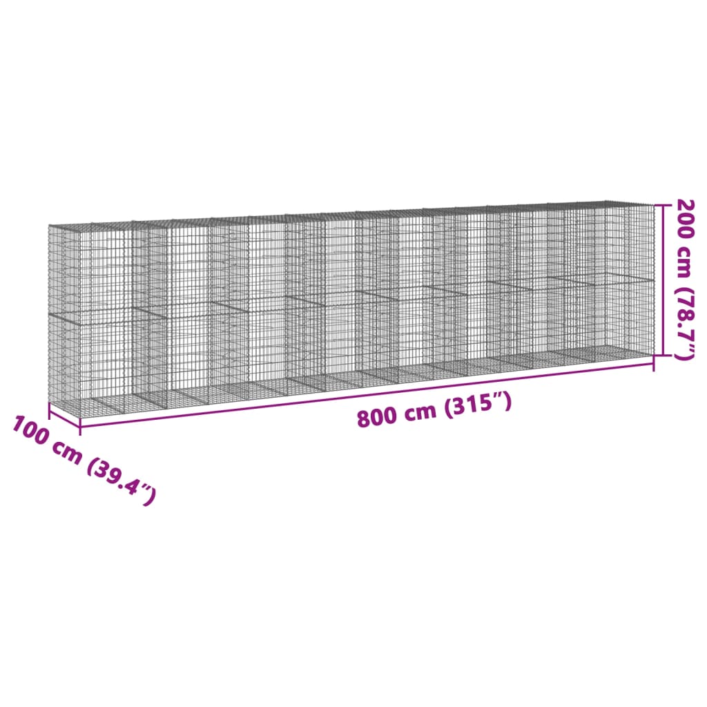 vidaXL gabionkurv med cover 800x100x200 cm galvaniseret jern