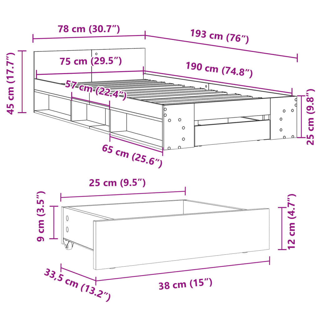 vidaXL sengeramme med skuffe 75x190 cm konstrueret træ sonoma-eg