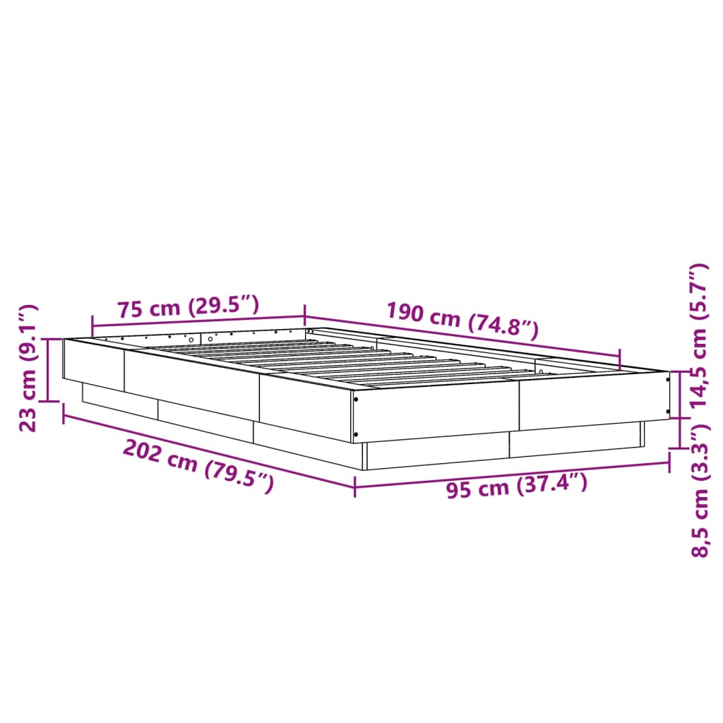 vidaXL sengeramme med LED-lys 75x190 cm konstrueret træ brunt eg