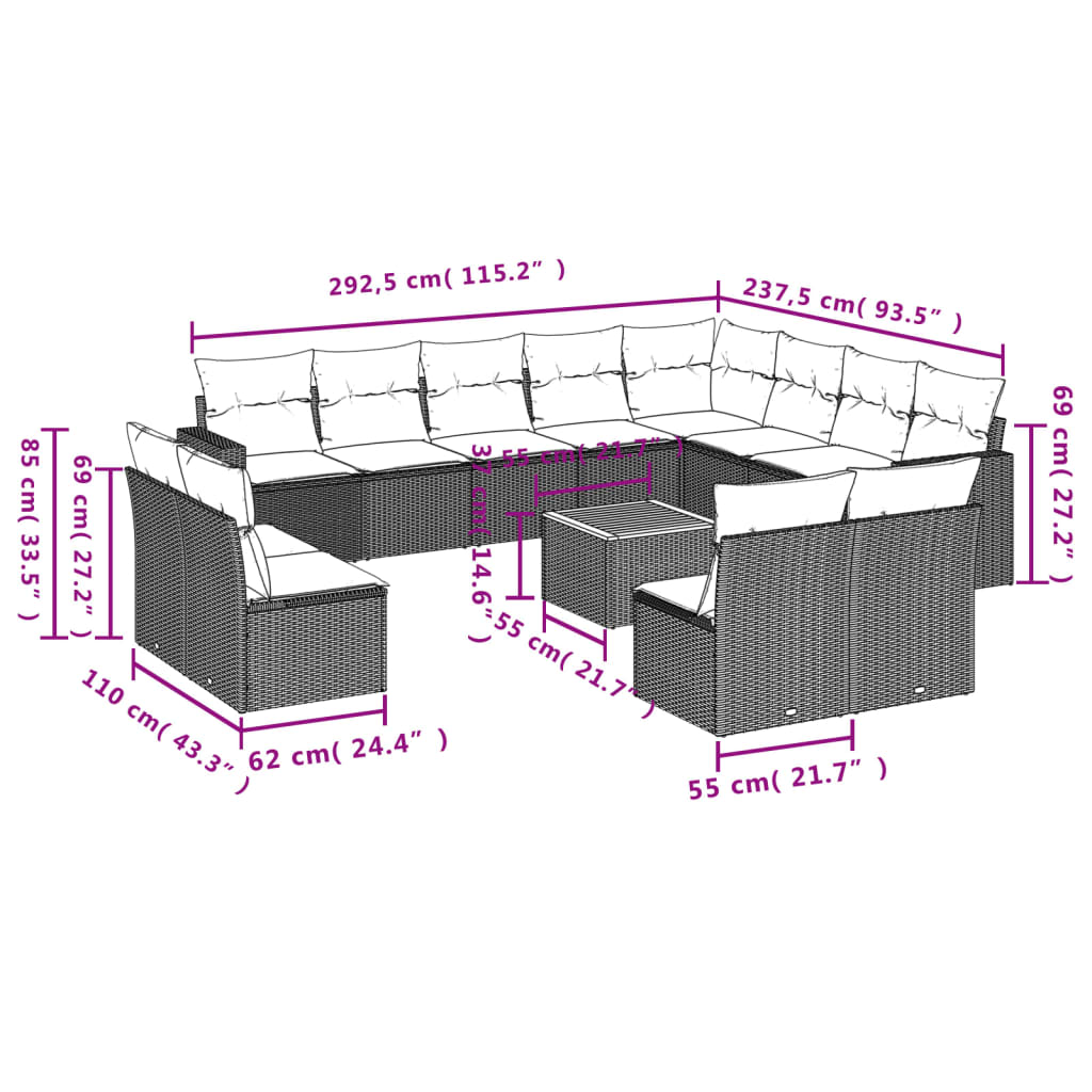 vidaXL sofasæt til haven 13 dele med hynder polyrattan sort