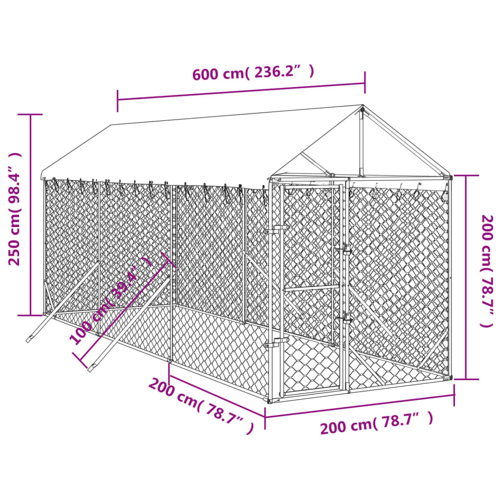 vidaXL udendørs hundegård med tag 2x6x2,5 m galvaniseret stål sølv