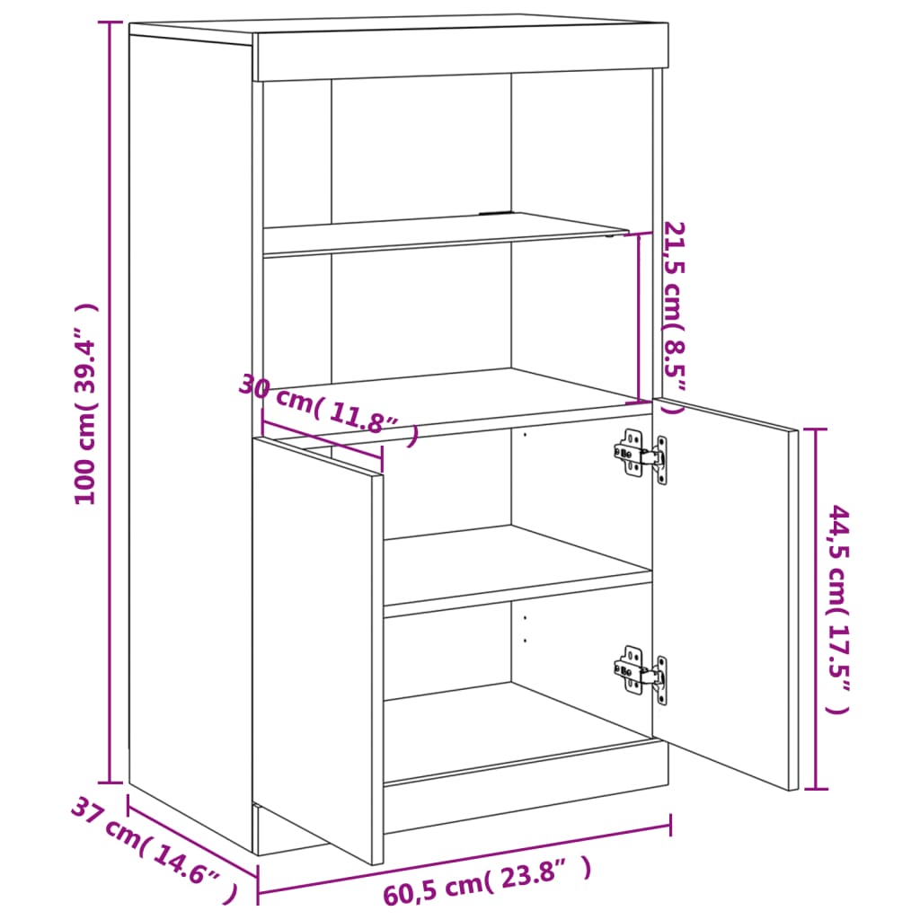 vidaXL skænk med LED-lys 60,5x37x100 cm sonoma-eg
