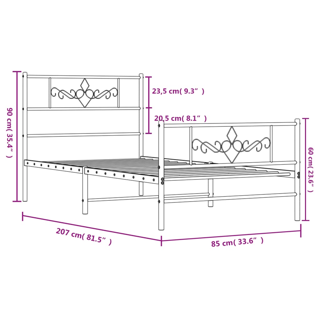 vidaXL sengeramme med sengegavl og fodgærde 80x200 cm metal sort