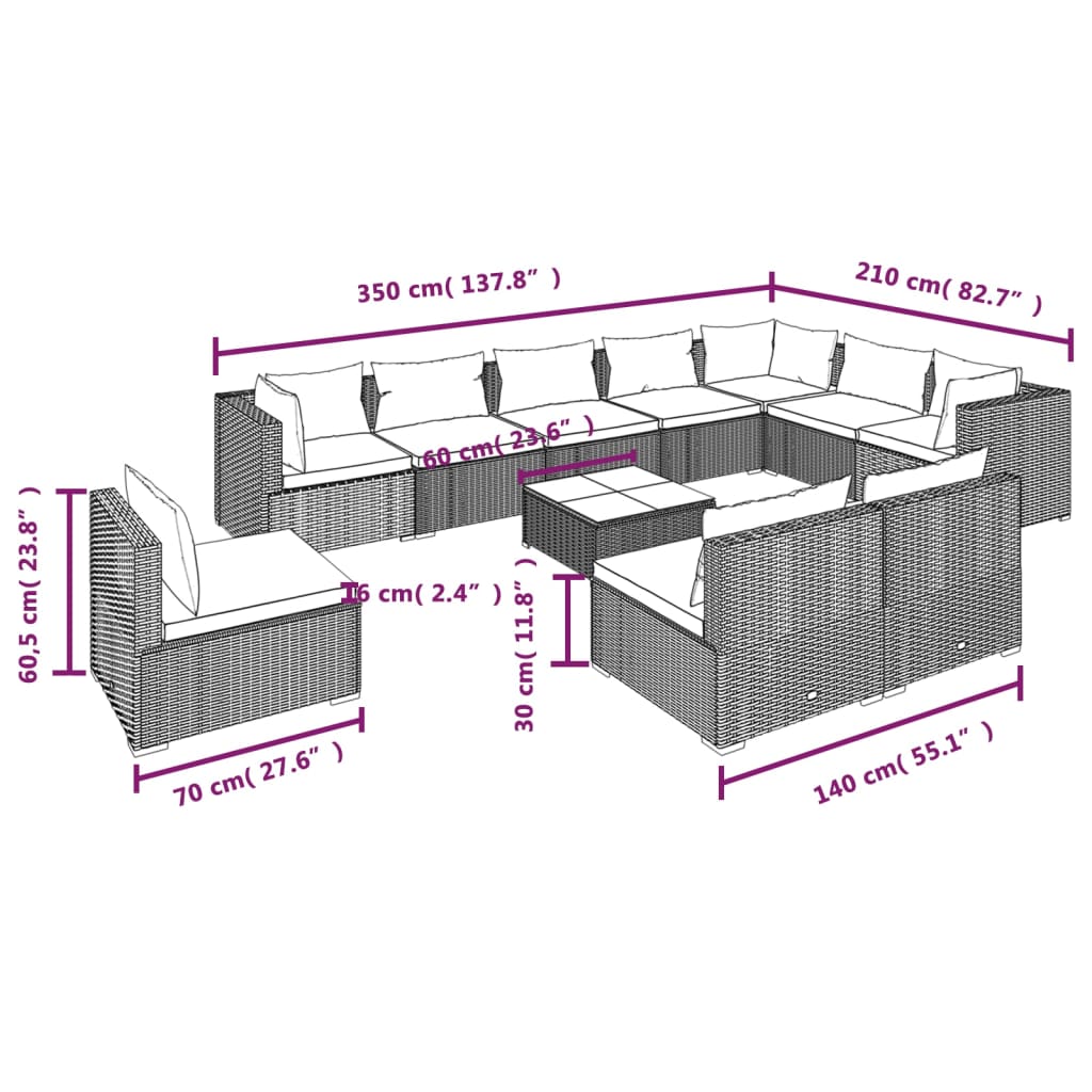 vidaXL loungesæt til haven 11 dele med hynder polyrattan grå