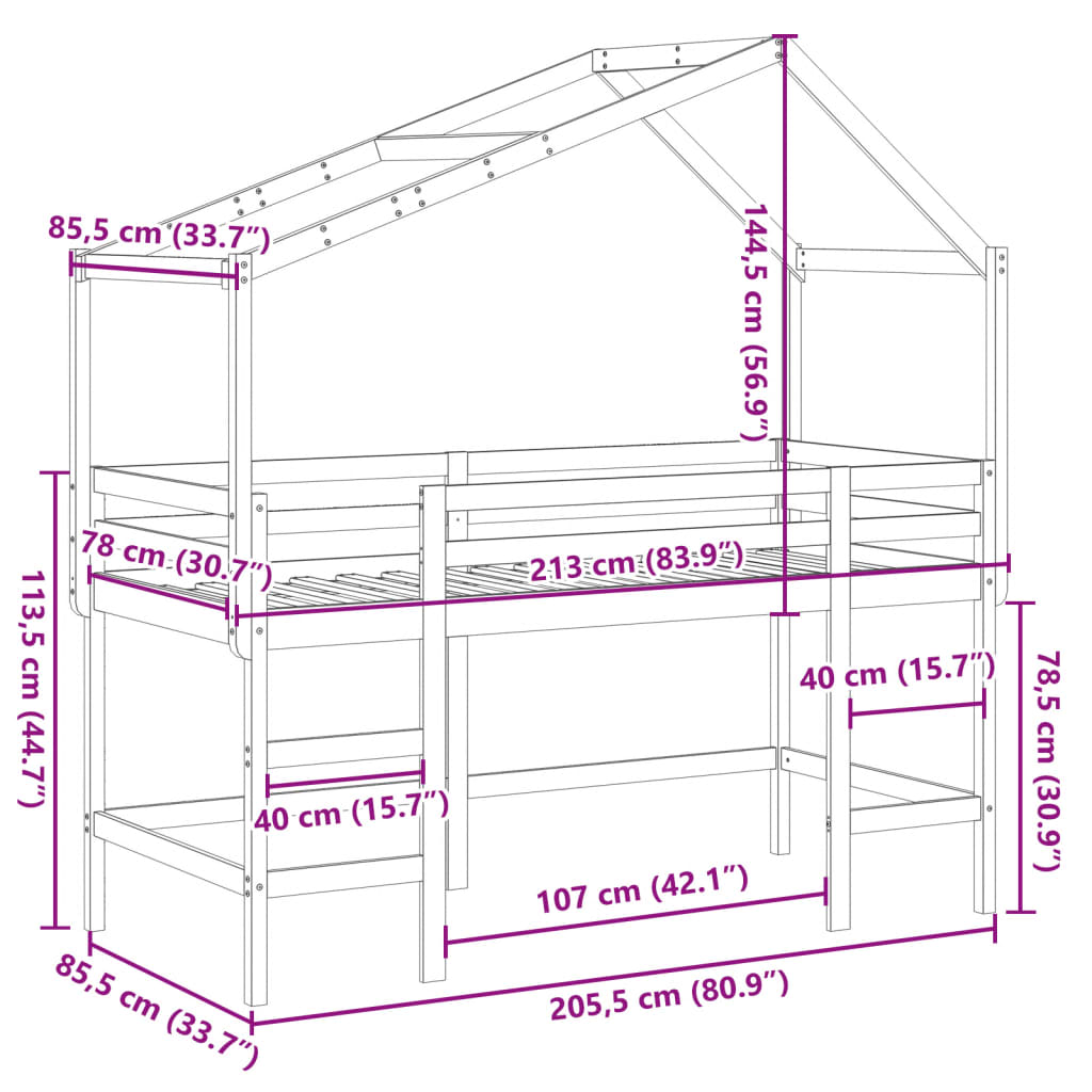 vidaXL højseng med stige og tag 80x200 cm massivt fyrretræ