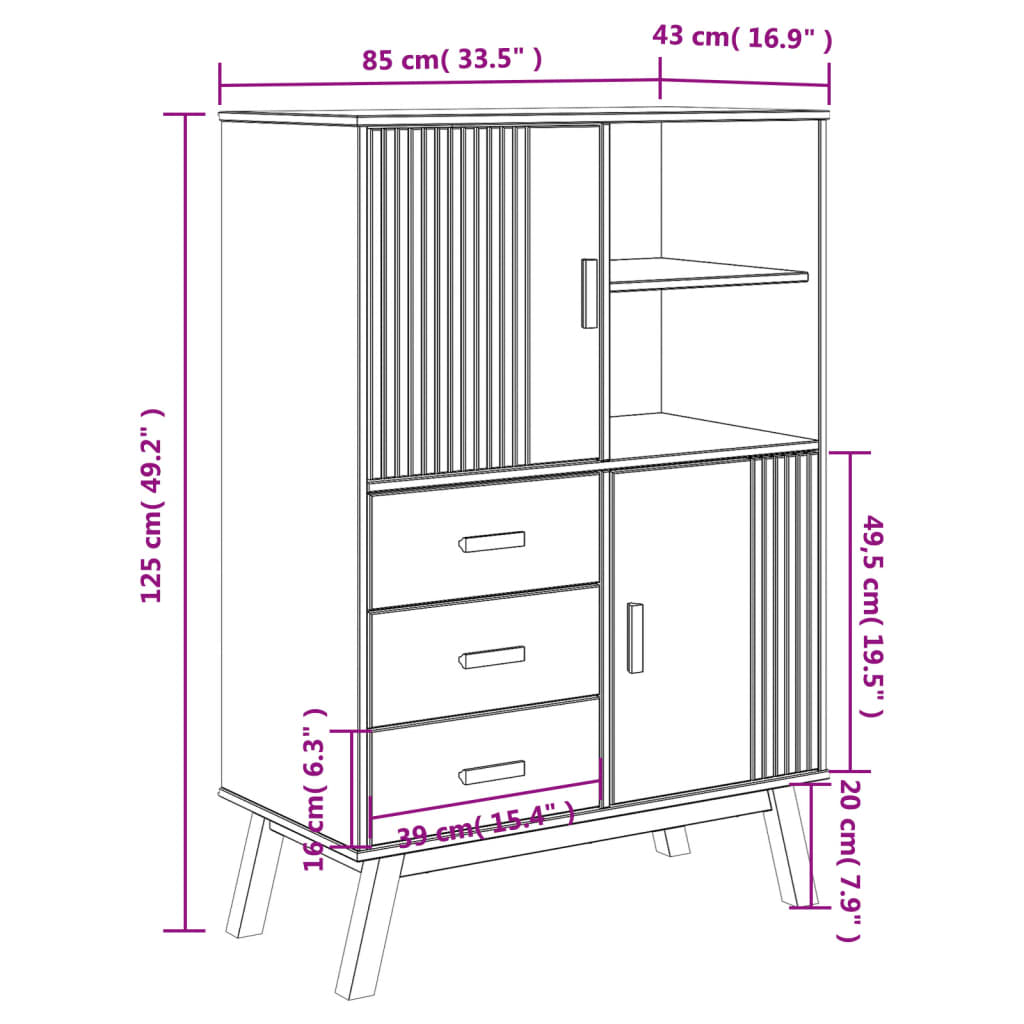 vidaXL skab OLDEN 85x43x125 cm massivt fyrretræ grå og brun