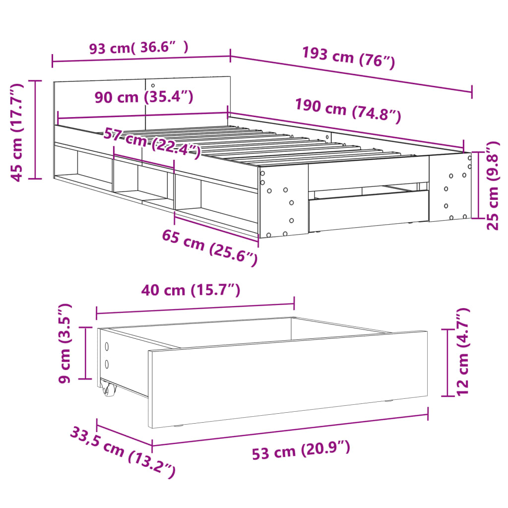 vidaXL sengeramme med skuffe 90x190 cm konstrueret træ sonoma-eg