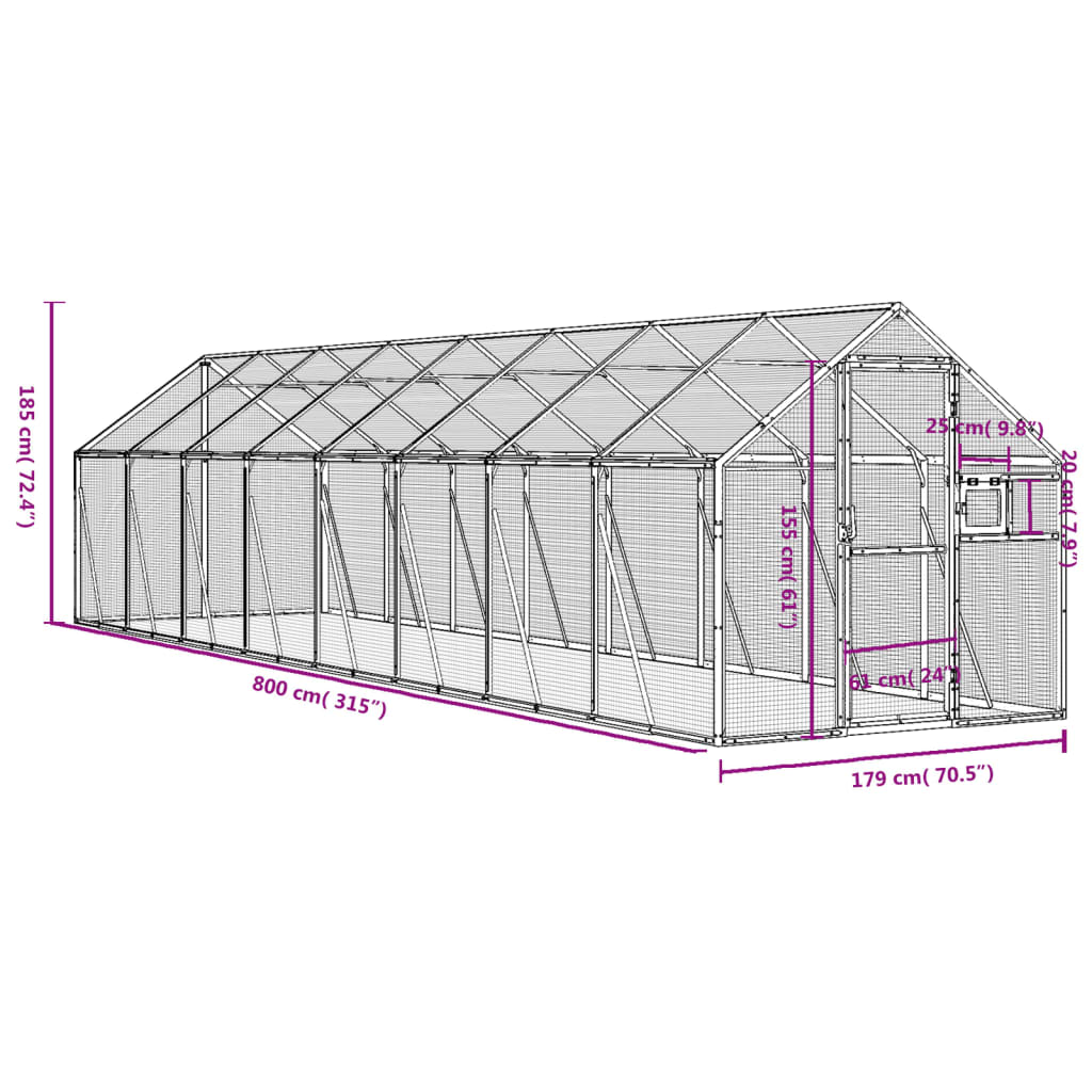 vidaXL voliere 1,79x8x1,85 m aluminium sølvfarvet