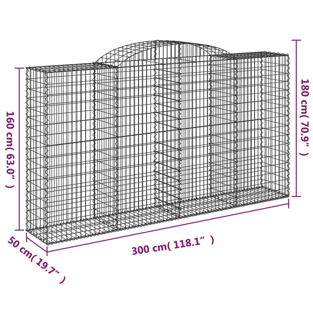 vidaXL buede gabionkurve 17 stk. 300x50x160/180 cm galvaniseret jern