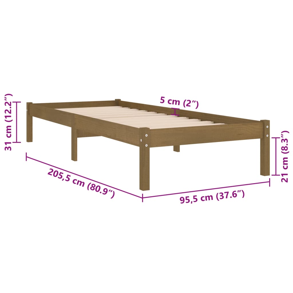 vidaXL sengeramme 90x200 cm massivt fyrretræ gyldenbrun