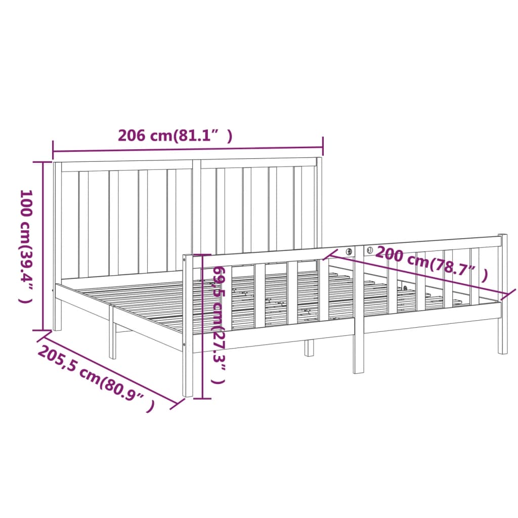 vidaXL sengeramme 200x200 cm massivt fyrretræ sort