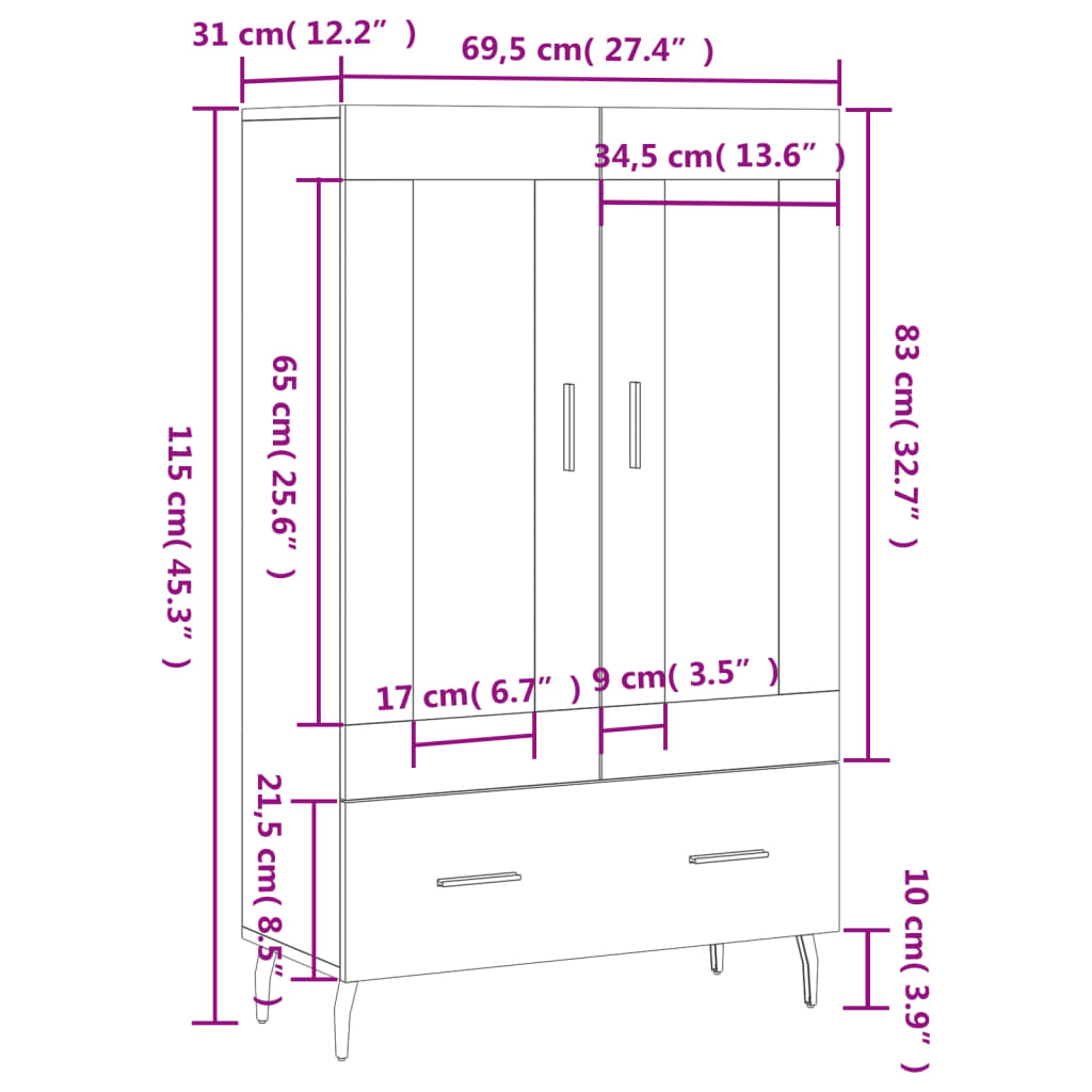 vidaXL skab 69,5x31x115 cm konstrueret træ røget sonoma-eg