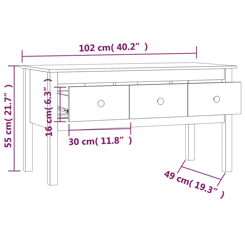 vidaXL sofabord 102x49x55 cm massivt fyrretræ gyldenbrun