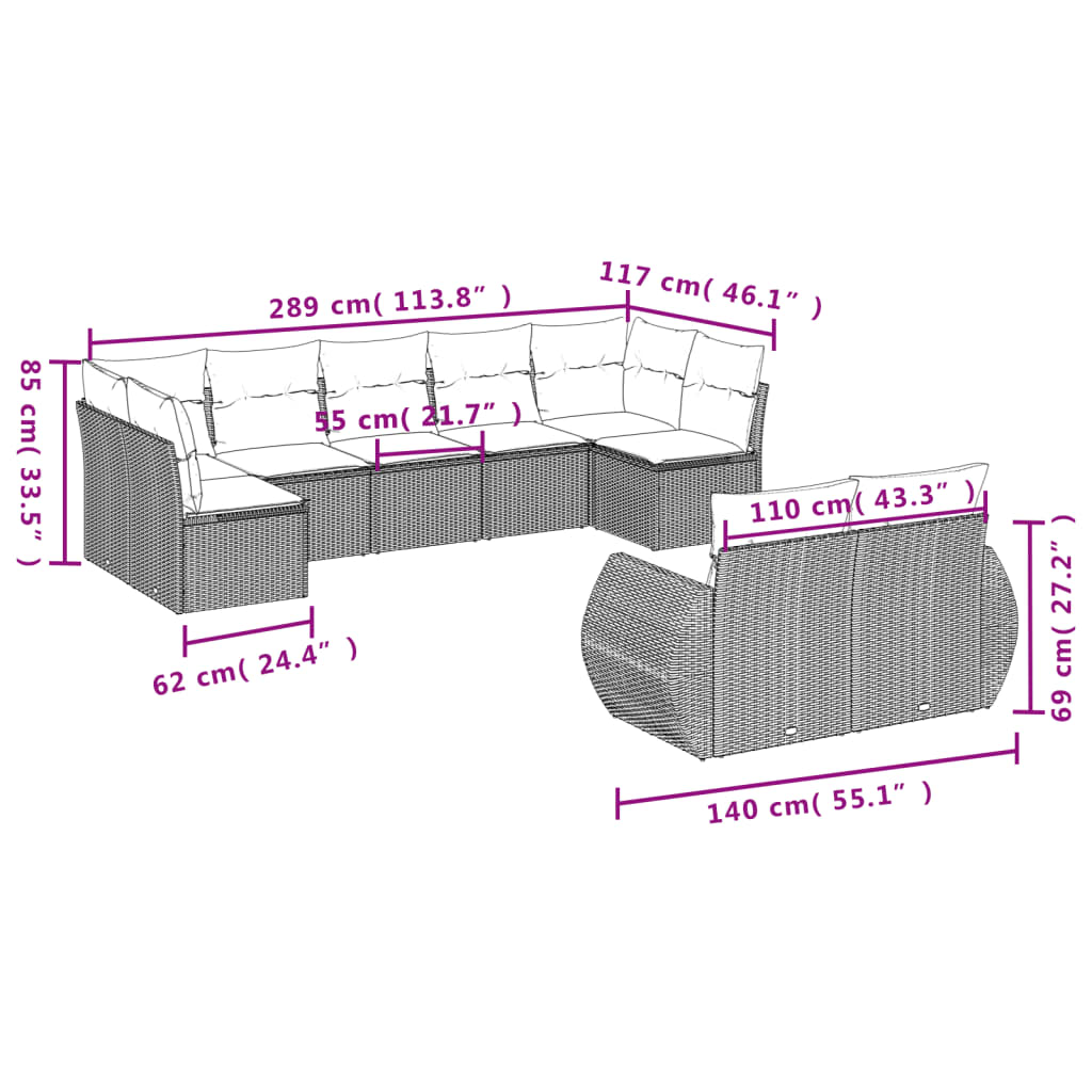 vidaXL sofasæt til haven 9 dele med hynder polyrattan beige