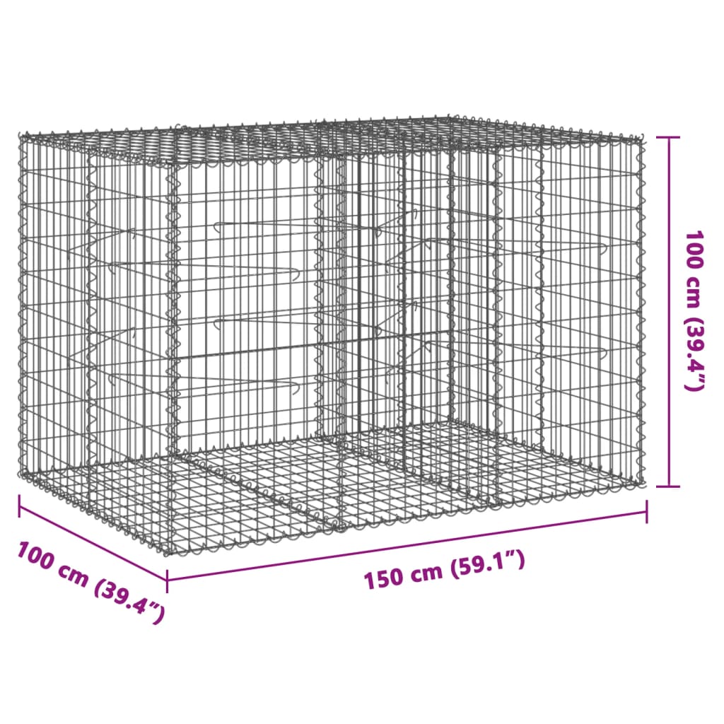 vidaXL gabionkurv med cover 150x100x100 cm galvaniseret jern