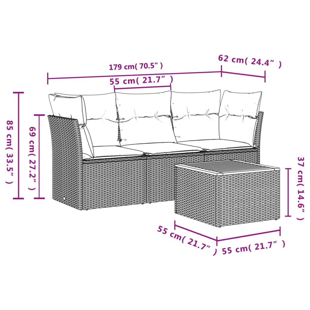 vidaXL sofasæt til haven 4 dele med hynder polyrattan sort