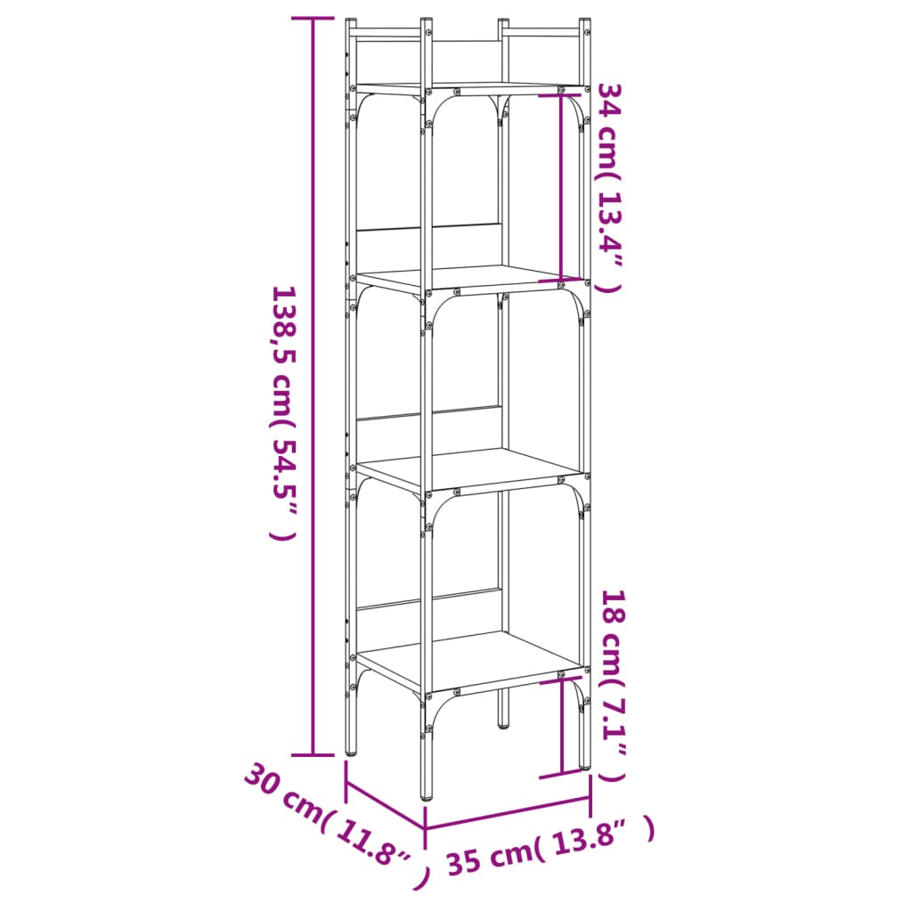 vidaXL bogreol med 4 hylder 35x30x138,5 cm konstrueret træ sonoma-eg