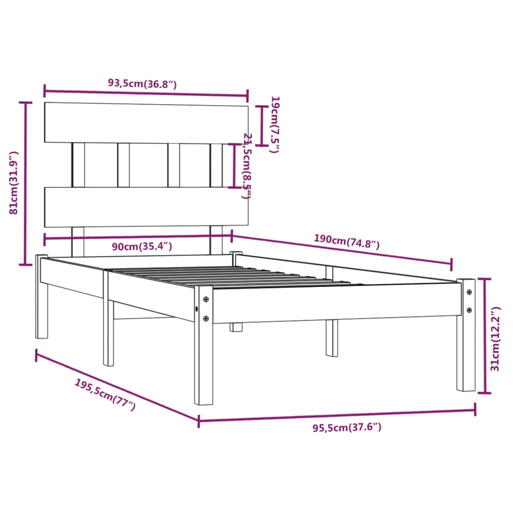 vidaXL sengeramme 90x190 cm Single massivt træ sort